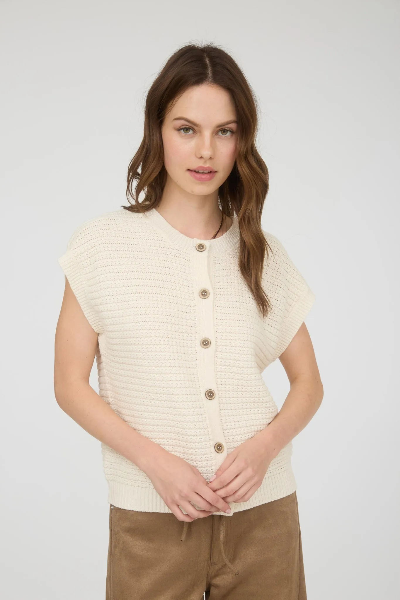 BUTTON DOWN SHORT SLEEVE KNIT CARDIGAN VEST sold by Blu Pepper product image thumbnail 2