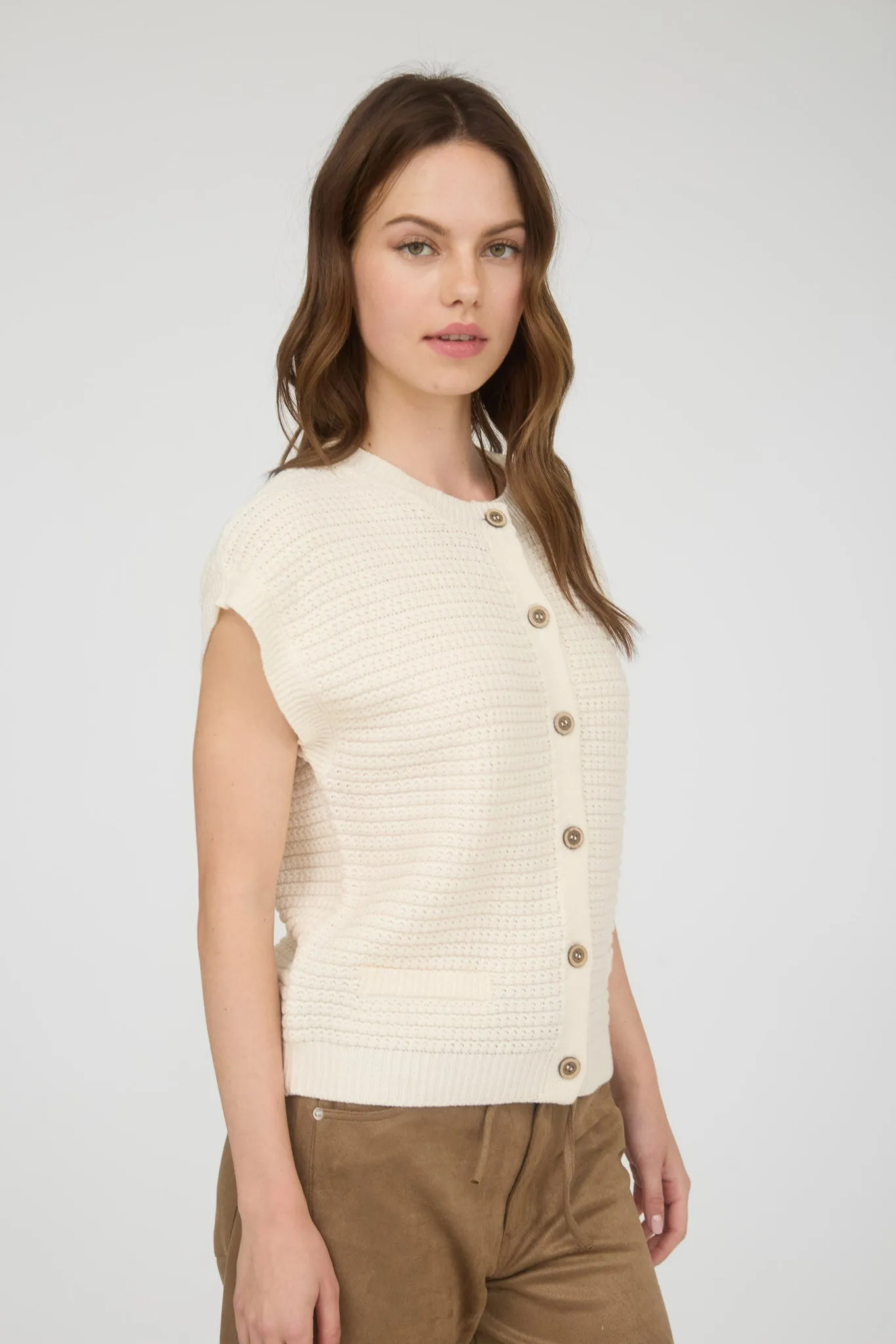 BUTTON DOWN SHORT SLEEVE KNIT CARDIGAN VEST sold by Blu Pepper product image thumbnail 3