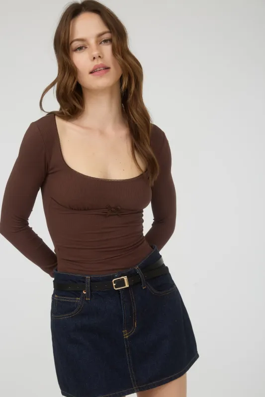 SCOOP NECK BOW DETAIL LONG SLEEVE KNIT TOP sold by Blu Pepper