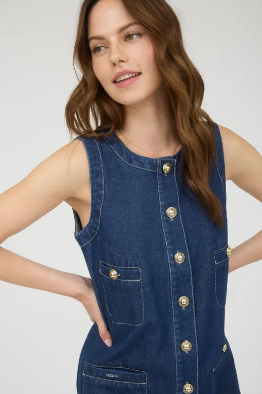 GOLD BUTTON DOWN SLEEVELESS DENIM MINI DRESS sold by Blu Pepper