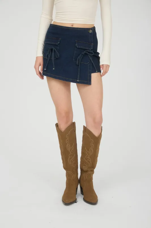 WRAP FRONT TIE POCKET DETAIL DENIM MINI SKORT sold by Blu Pepper