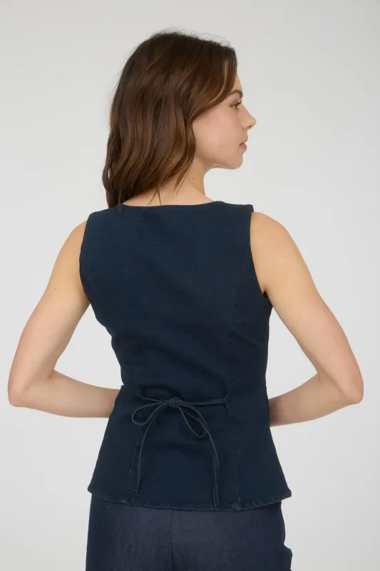 DENIM SQUARE NECK SLEEVELESS BACK TIE BLOUSE sold by Blu Pepper
