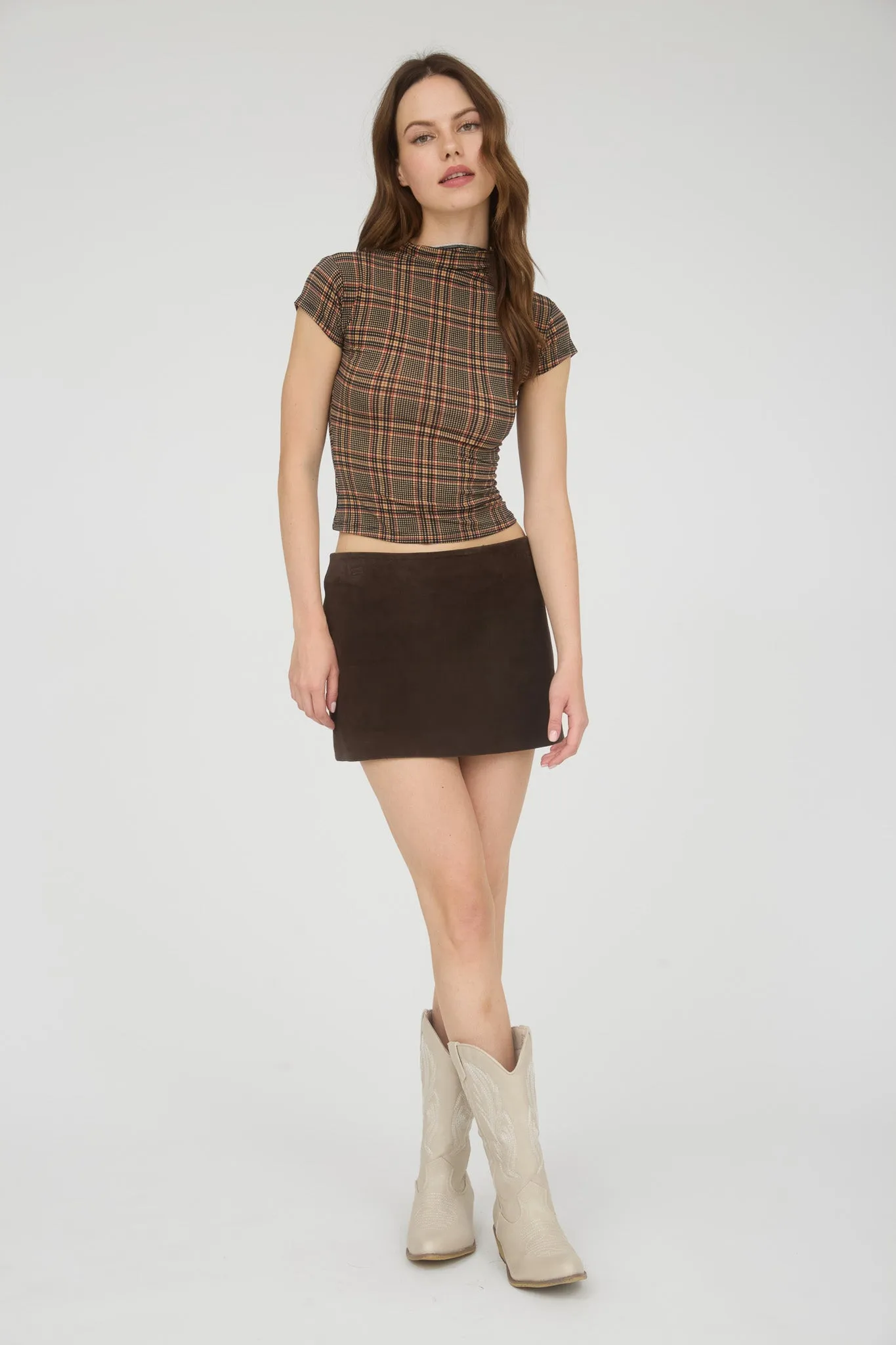 PLAID MOCK NECK SHORT SLEEVE KNIT CROP TOP sold by Blu Pepper