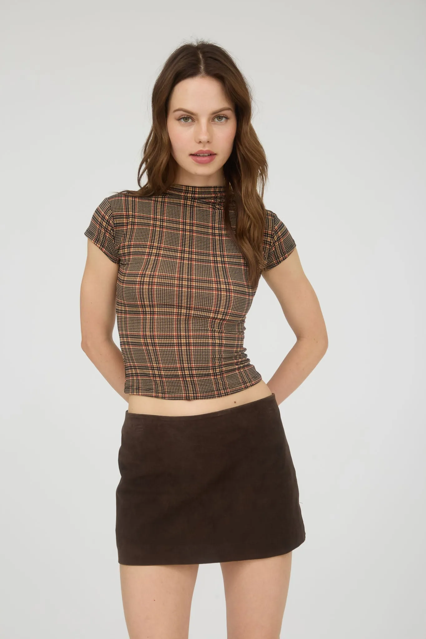 PLAID MOCK NECK SHORT SLEEVE KNIT CROP TOP sold by Blu Pepper product image thumbnail 5