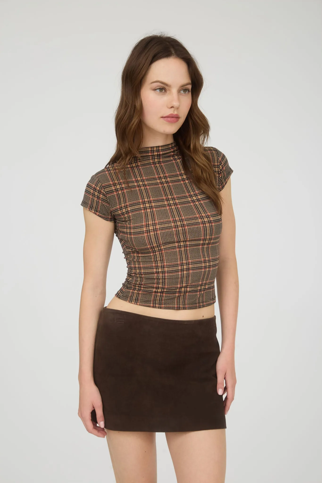 PLAID MOCK NECK SHORT SLEEVE KNIT CROP TOP sold by Blu Pepper product image thumbnail 2