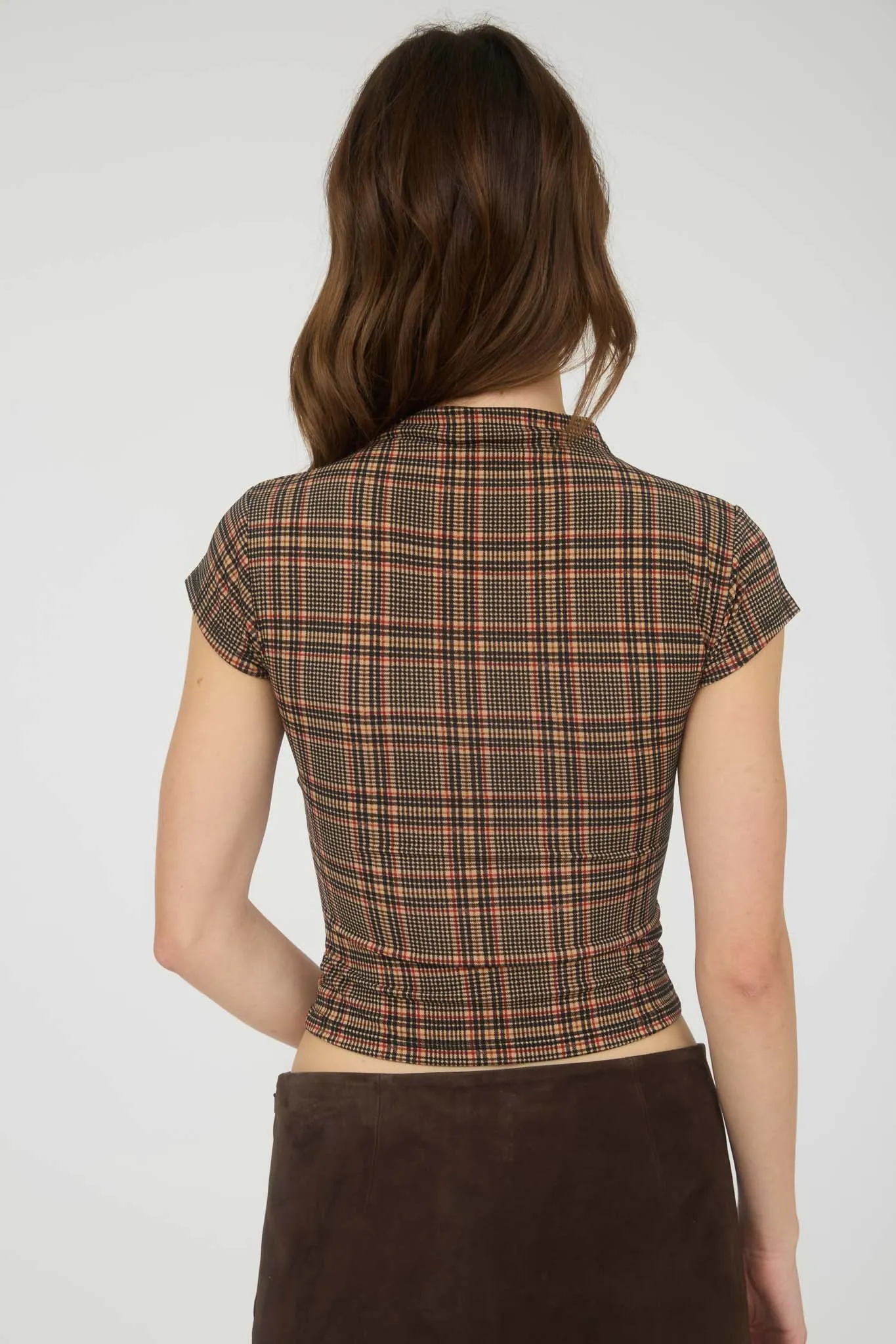 PLAID MOCK NECK SHORT SLEEVE KNIT CROP TOP sold by Blu Pepper product image thumbnail 3