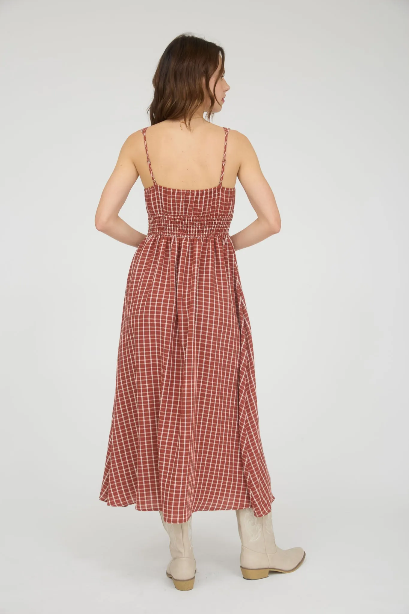 PLAID CORSET FRONT TIE SLEEVELESS MIDI DRESS sold by Blu Pepper