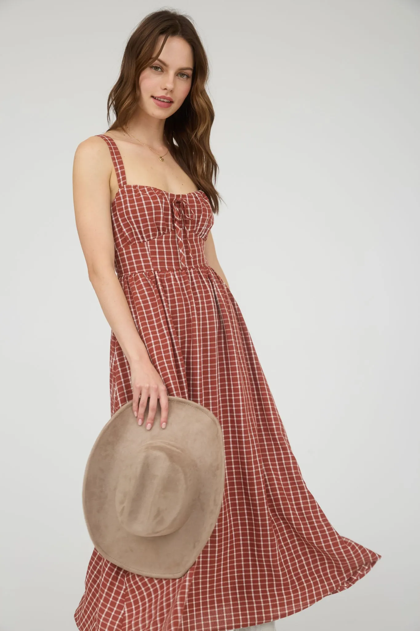 PLAID CORSET FRONT TIE SLEEVELESS MIDI DRESS sold by Blu Pepper product image thumbnail 3