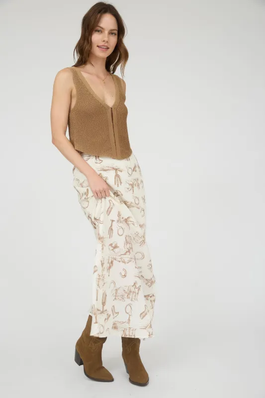 WESTERN PRINT LACE TRIM MIDI SKIRT (PRE-ORDER) sold by Blu Pepper