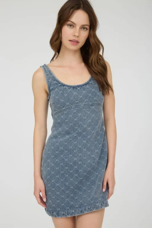 BOW PATTERN SLEEVELESS DENIM MINI DRESS sold by Blu Pepper