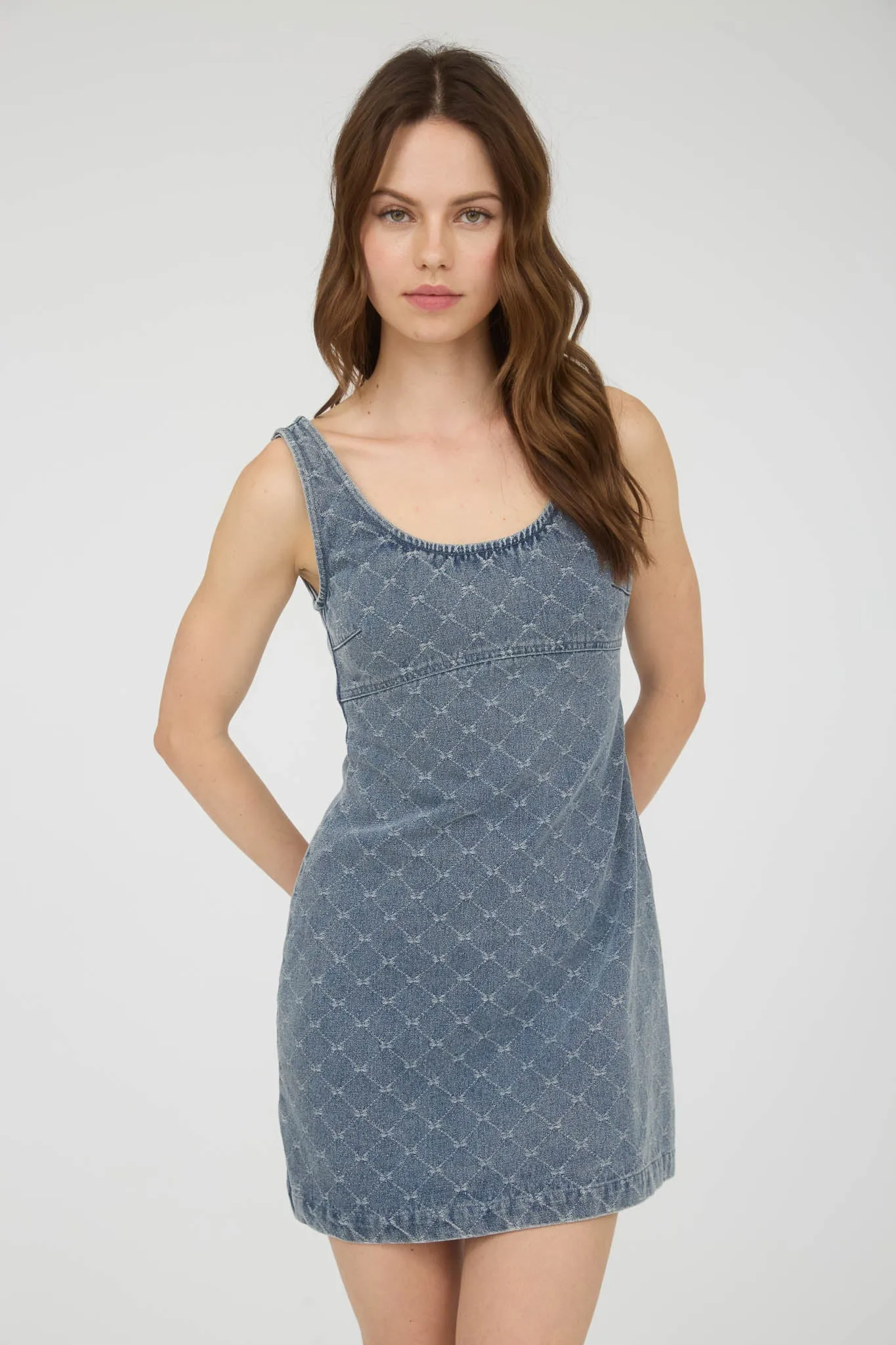BOW PATTERN SLEEVELESS DENIM MINI DRESS sold by Blu Pepper product image thumbnail 2