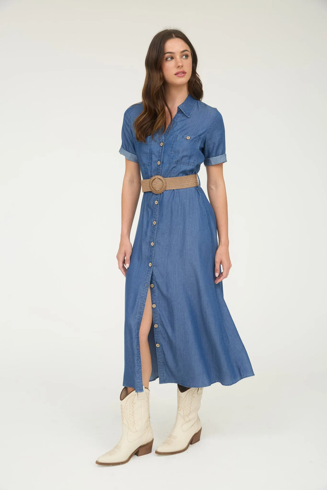 CHAMBRAY COLLARED SHORT SLEEVE BELTED SHIRT DRESS sold by Blu Pepper