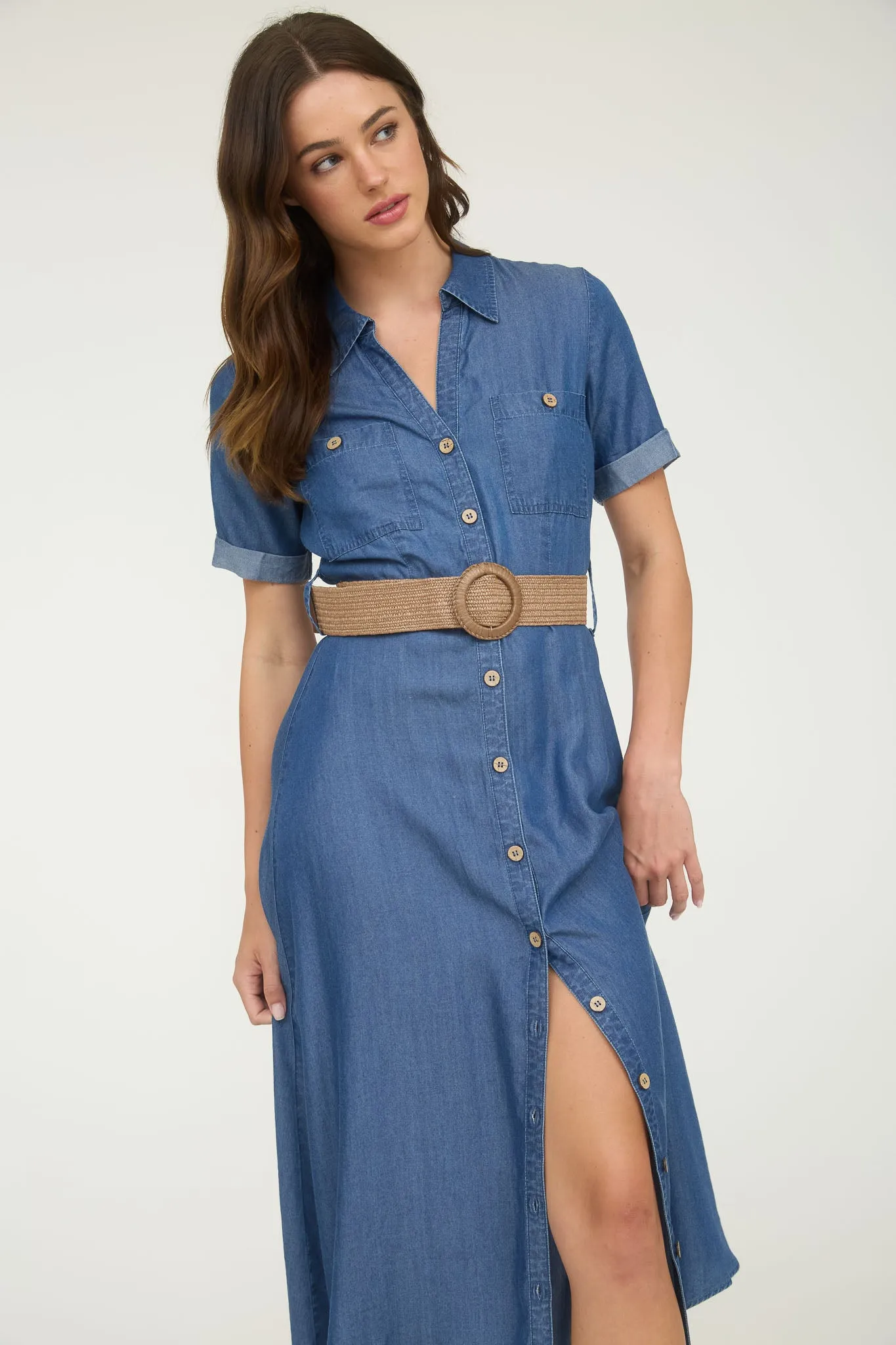 CHAMBRAY COLLARED SHORT SLEEVE BELTED SHIRT DRESS sold by Blu Pepper product image thumbnail 5