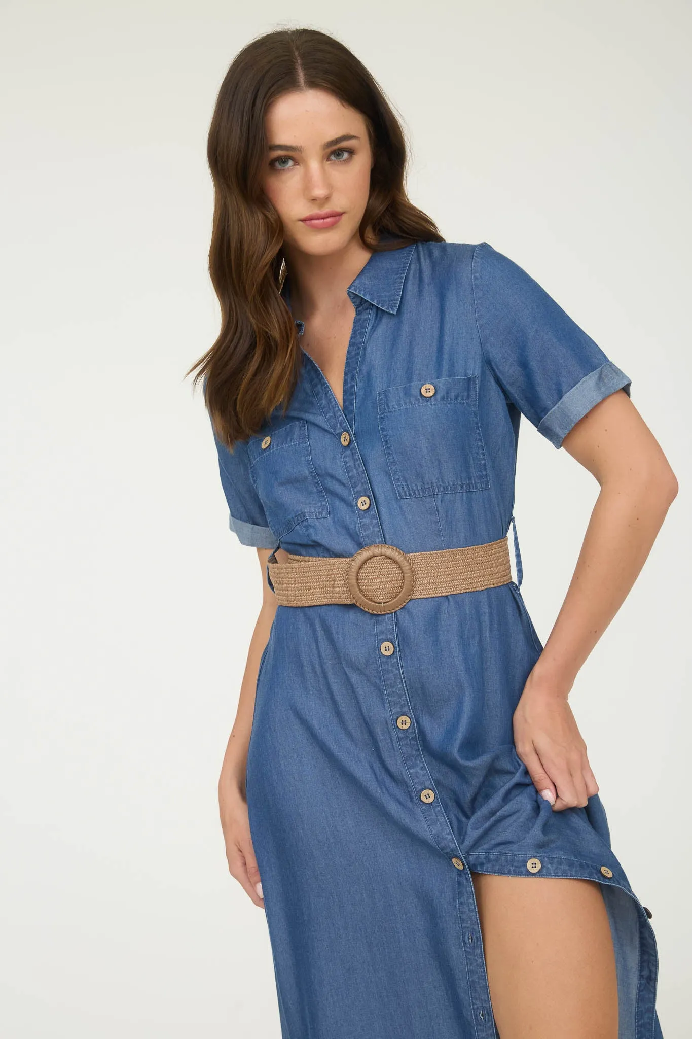 CHAMBRAY COLLARED SHORT SLEEVE BELTED SHIRT DRESS sold by Blu Pepper product image thumbnail 2