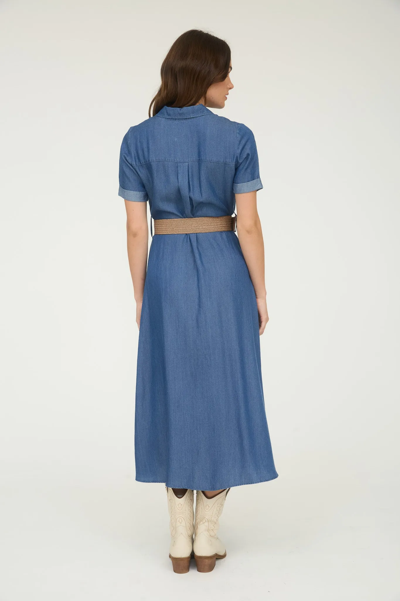 CHAMBRAY COLLARED SHORT SLEEVE BELTED SHIRT DRESS sold by Blu Pepper product image thumbnail 3