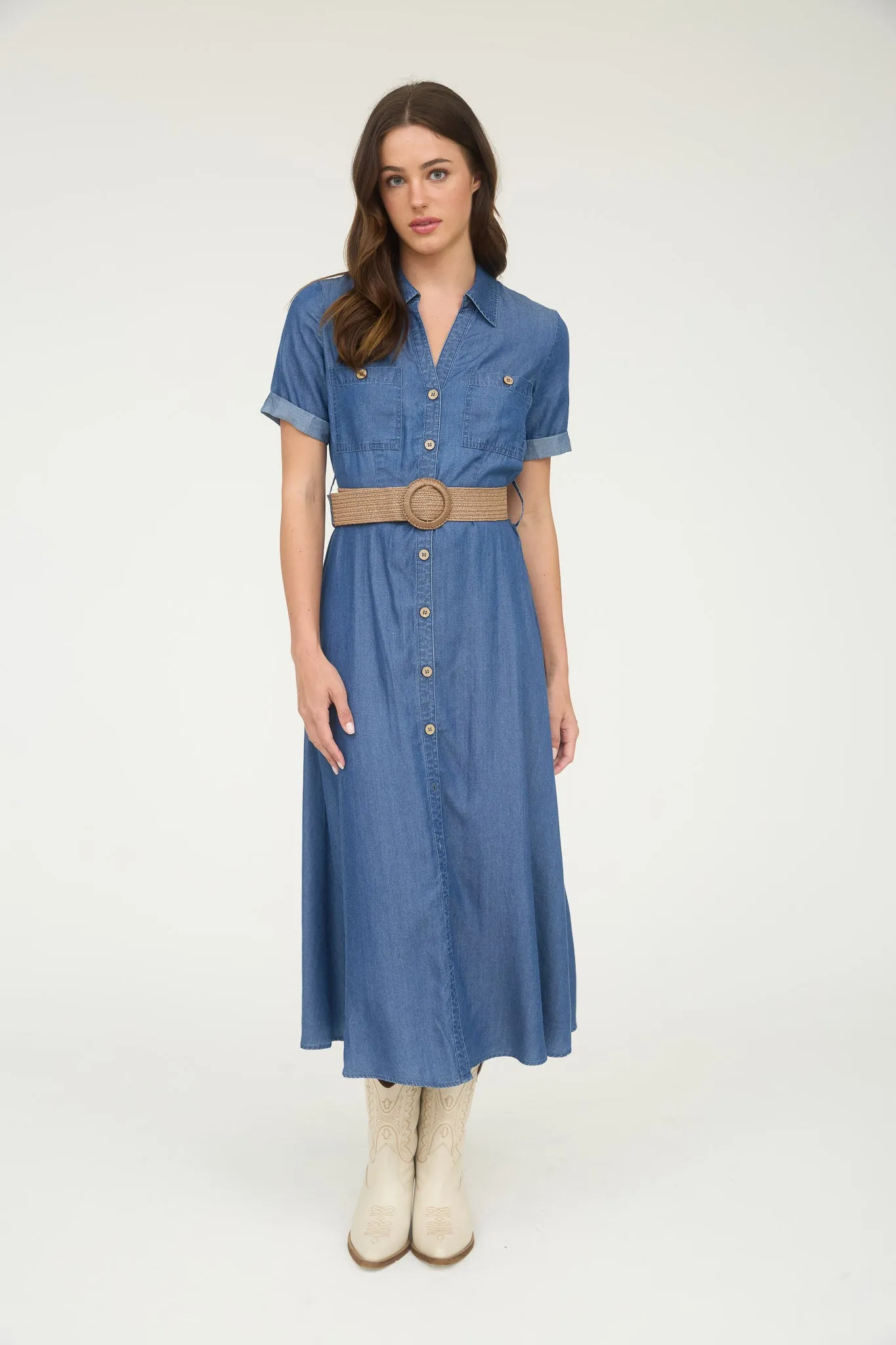 CHAMBRAY COLLARED SHORT SLEEVE BELTED SHIRT DRESS sold by Blu Pepper product image thumbnail 4
