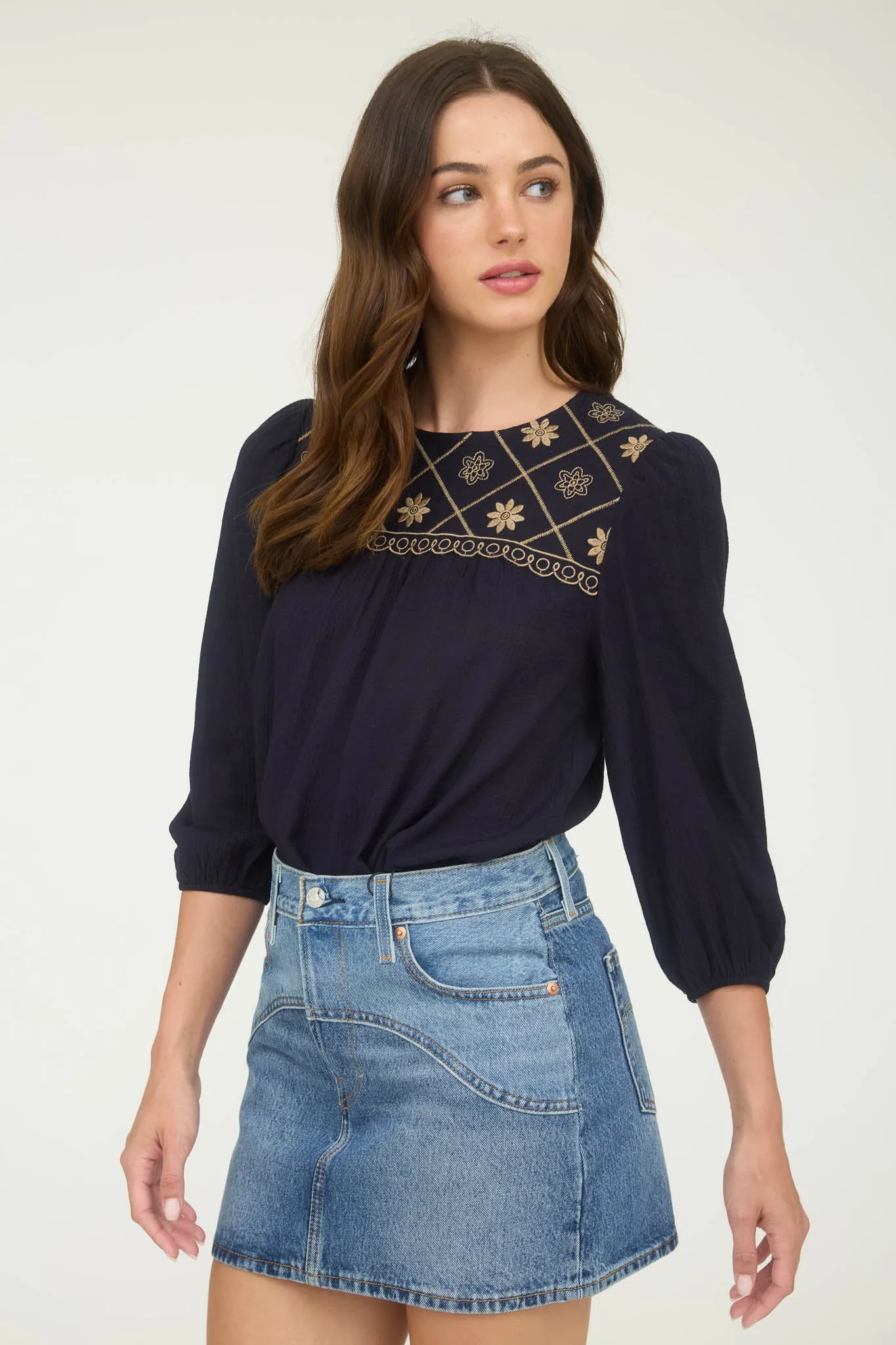 FLORAL EMBROIDERED YOKE 3/4 SLEEVE BLOUSE sold by Blu Pepper product image thumbnail 5