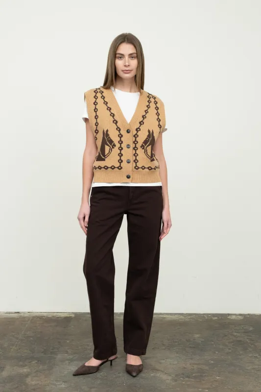 JACQUARD HORSE V-NECK  SLEEVELESS KNIT VEST (PRE-O sold by Blu Pepper