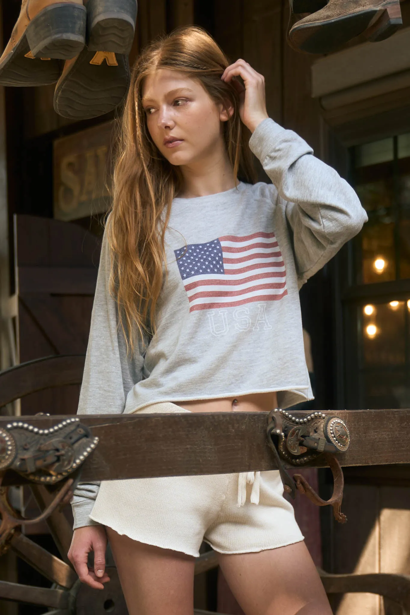 USA FLAG LONG SLEEVE RAW HEM KNIT TOP sold by Blu Pepper product image thumbnail 3