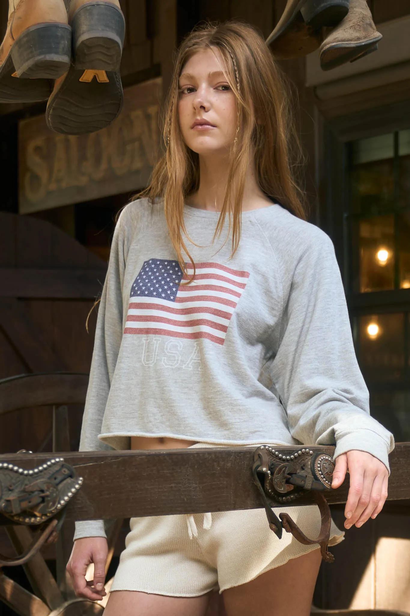 USA FLAG LONG SLEEVE RAW HEM KNIT TOP sold by Blu Pepper product image thumbnail 2