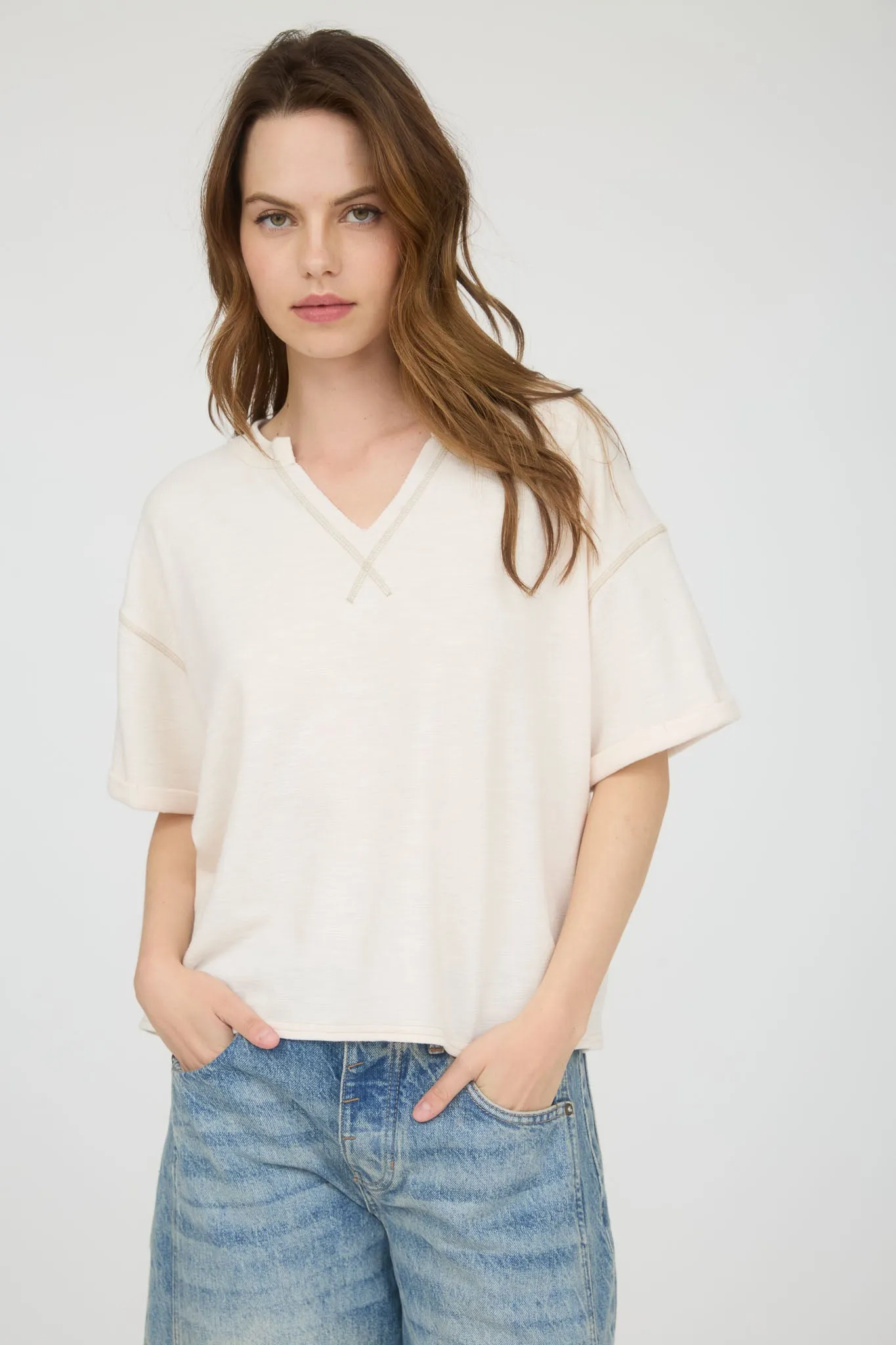 CONTRAST STITCH DROP SHOULDER CUFF SLEEVE KNIT TOP sold by Blu Pepper product image thumbnail 4