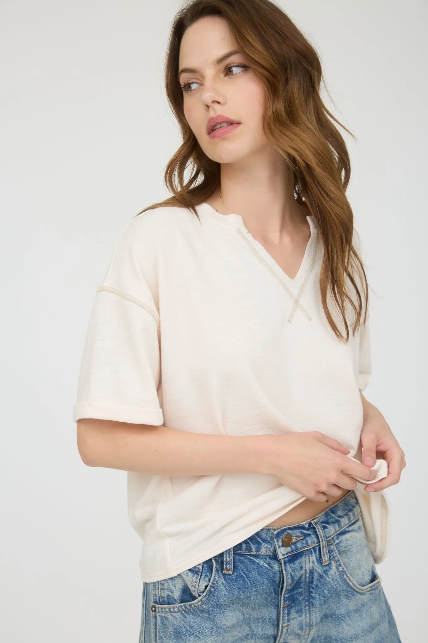 CONTRAST STITCH DROP SHOULDER CUFF SLEEVE KNIT TOP sold by Blu Pepper product image thumbnail 5