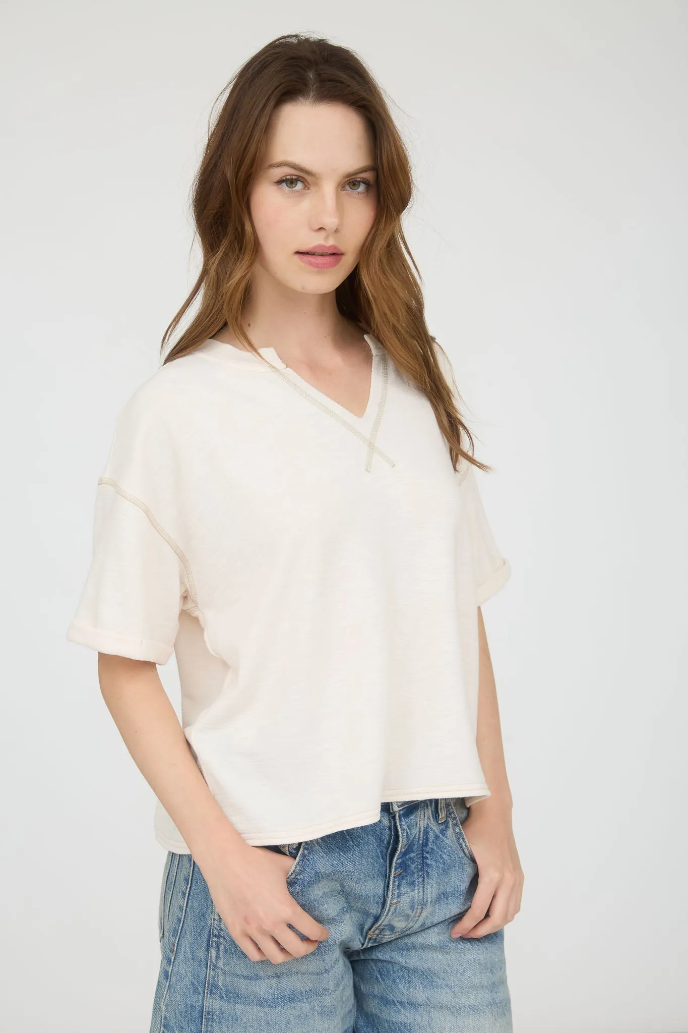 CONTRAST STITCH DROP SHOULDER CUFF SLEEVE KNIT TOP sold by Blu Pepper product image thumbnail 2