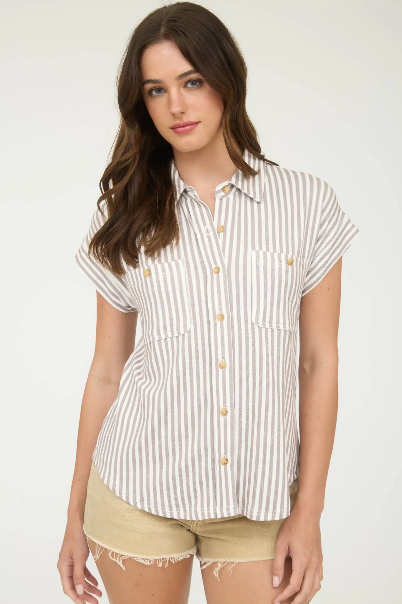 STRIPE COLLARED SHORT SLEEVE BUTTON DOWN TOP sold by Blu Pepper product image thumbnail 4