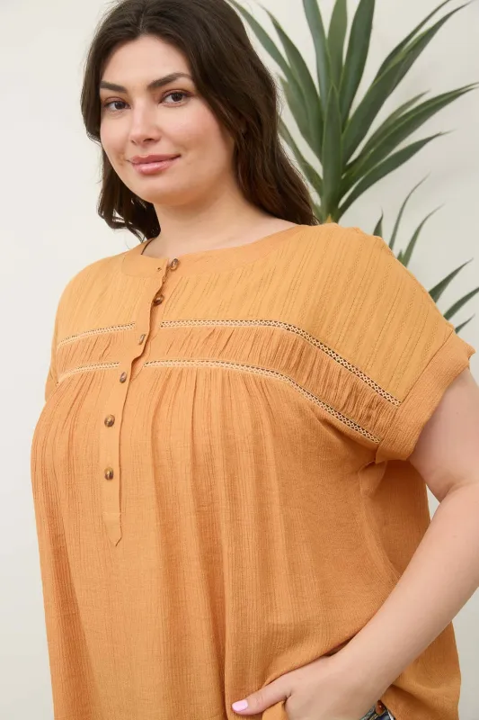 PLUS EYELET TRIM HALF BUTTON SHORT SLEEVE TOP sold by Blu Pepper