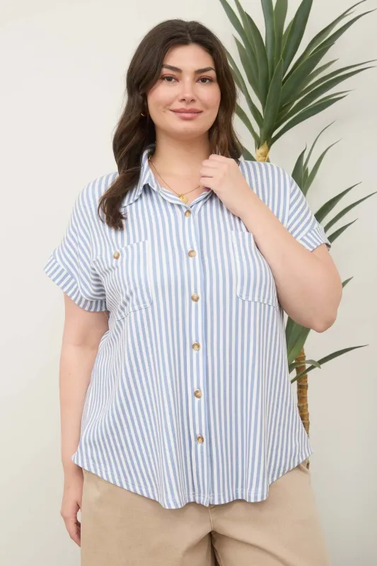 PLUS STRIPE COLLARED SHORT SLEEVE BUTTON DOWN TOP sold by Blu Pepper