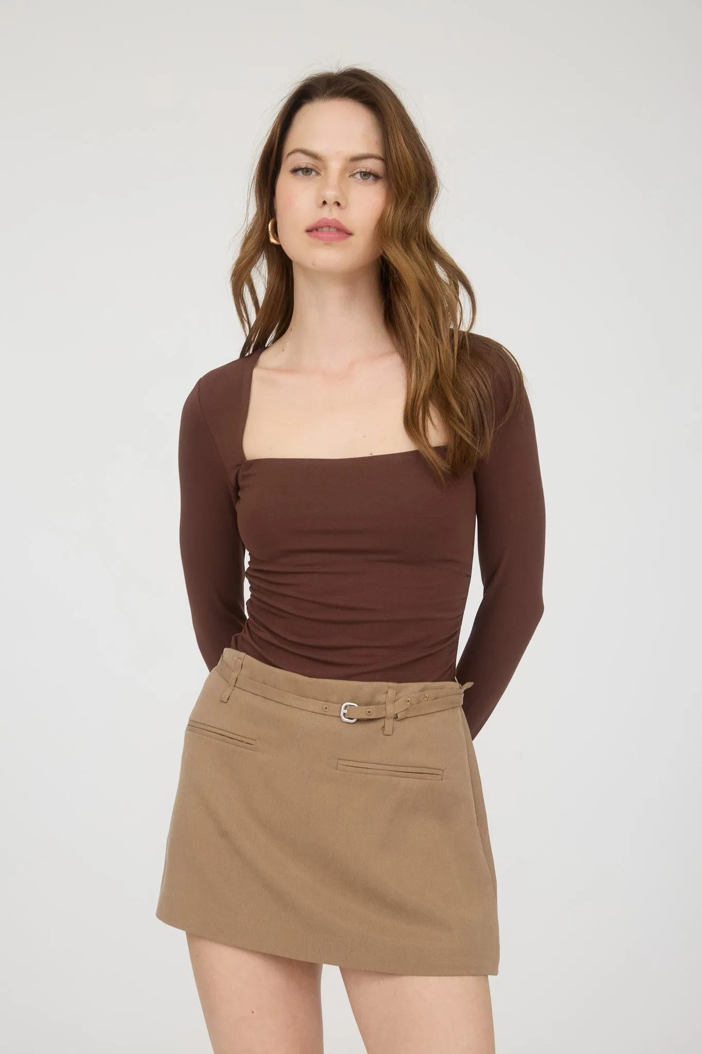 SQUARE NECK LONG SLEEVE RUCHED SIDE KNIT TOP sold by Blu Pepper product image thumbnail 5