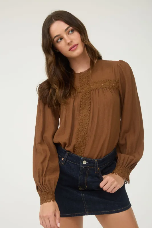 LACE DETAIL ROUND NECK LONG SLEEVE BLOUSE sold by Blu Pepper