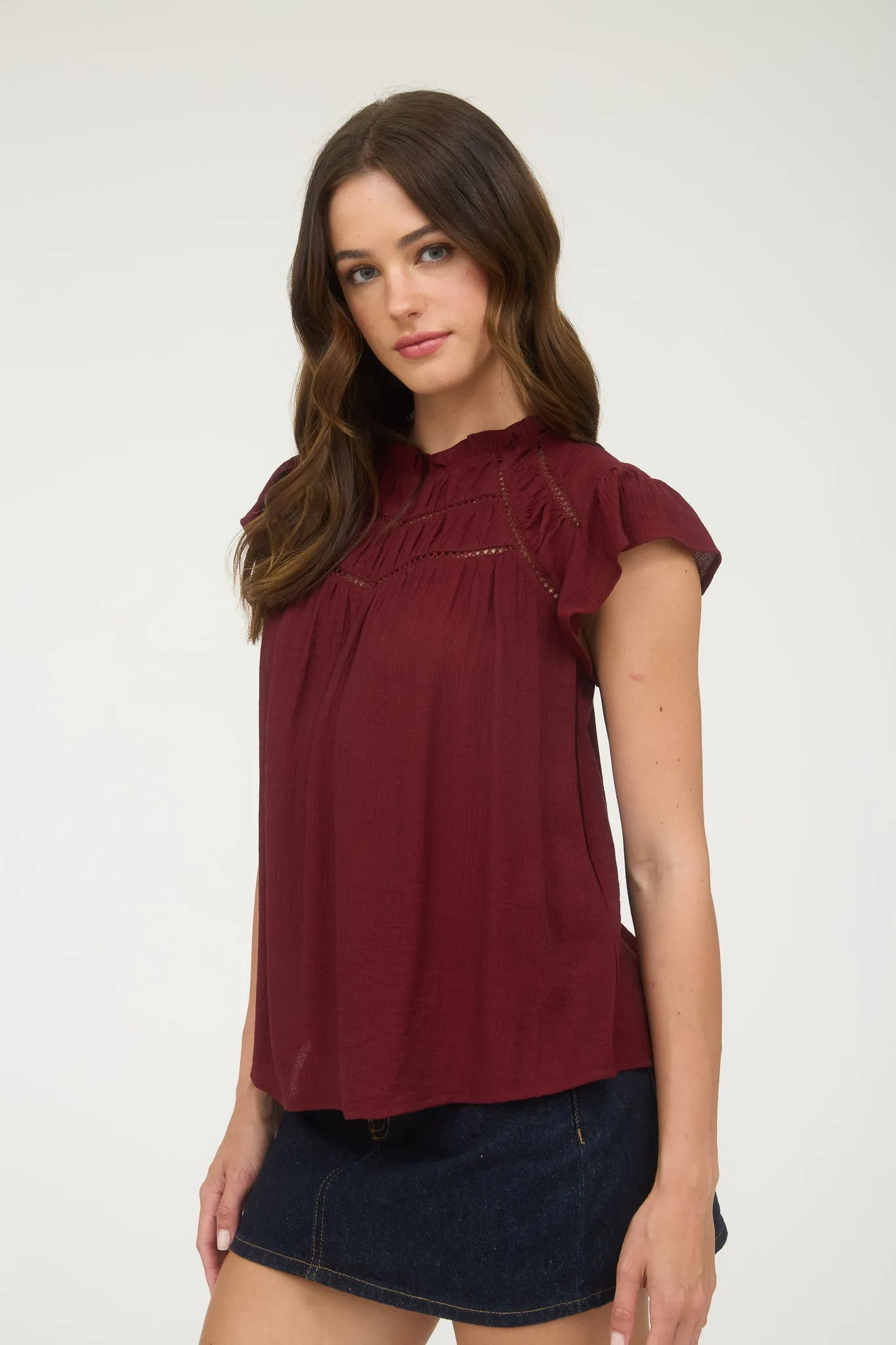 LINE LACE TRIM RUFFLE DETAIL SHORT SLEEVE BLOUSE sold by Blu Pepper product image thumbnail 3