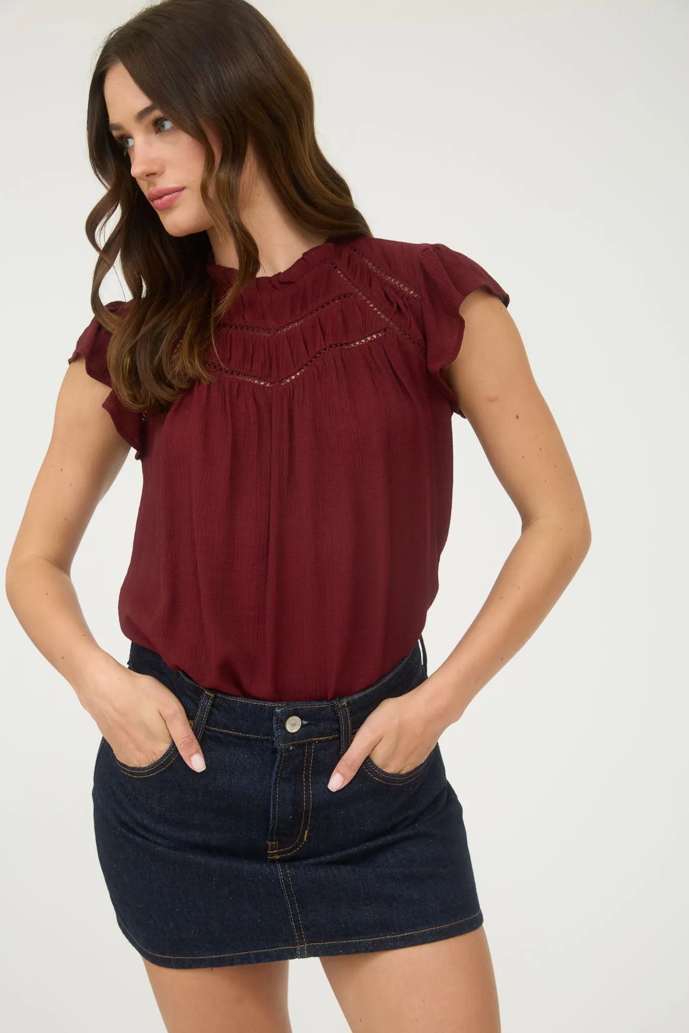 LINE LACE TRIM RUFFLE DETAIL SHORT SLEEVE BLOUSE sold by Blu Pepper product image thumbnail 4