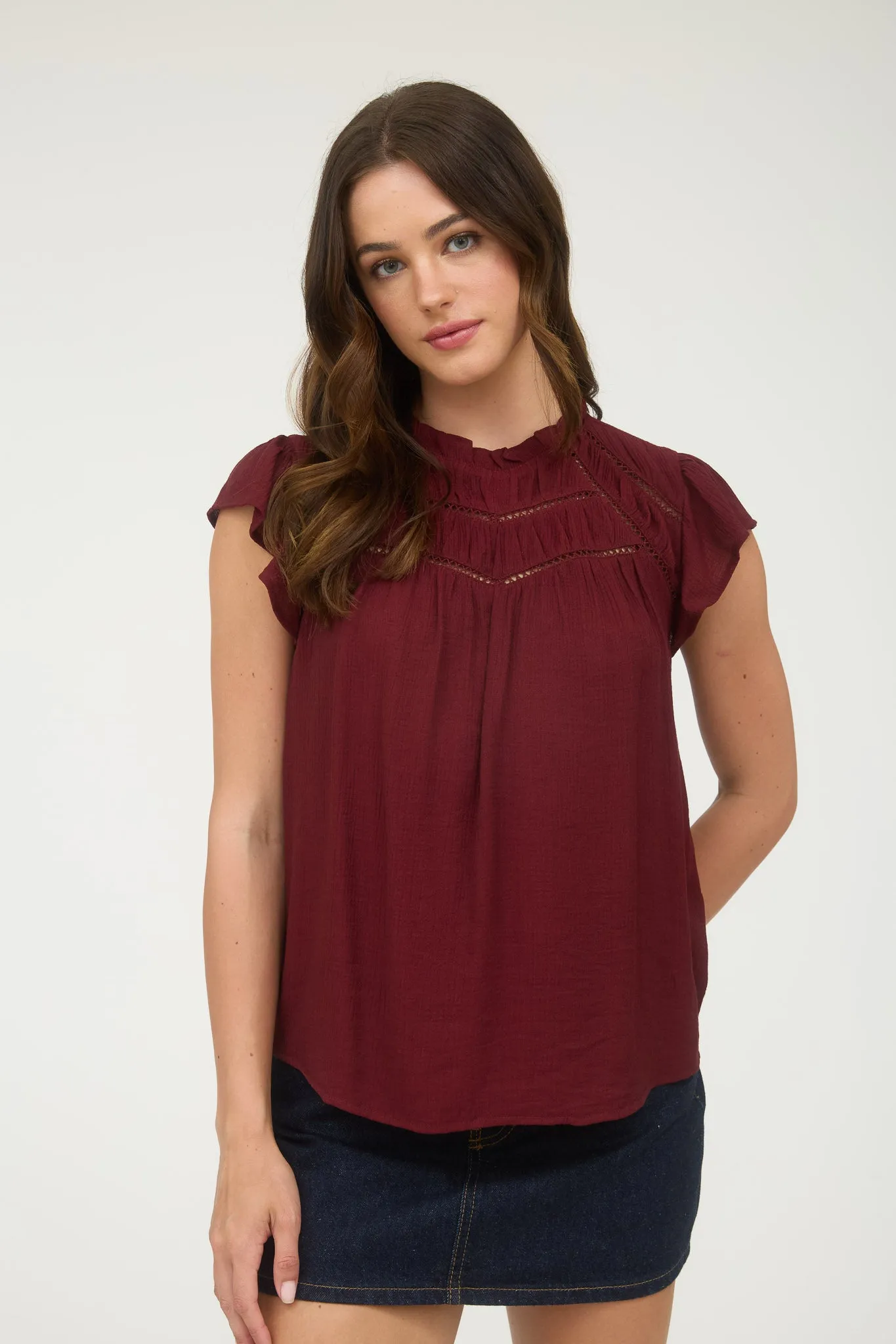 LINE LACE TRIM RUFFLE DETAIL SHORT SLEEVE BLOUSE sold by Blu Pepper product image thumbnail 5
