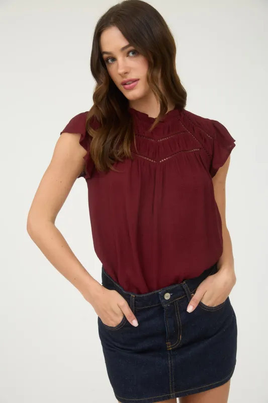 LINE LACE TRIM RUFFLE DETAIL SHORT SLEEVE BLOUSE sold by Blu Pepper