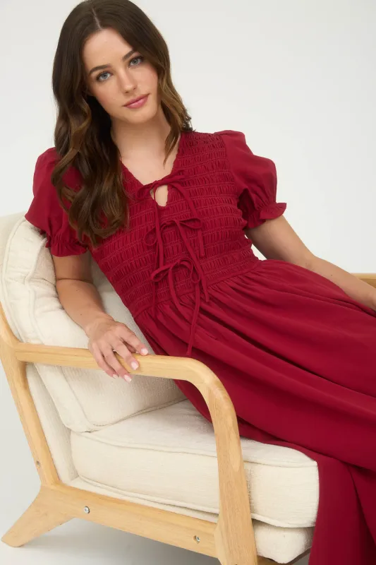V NECK FRONT TIE SMOCKED PUFF SLEEVE MIDI DRESS sold by Blu Pepper