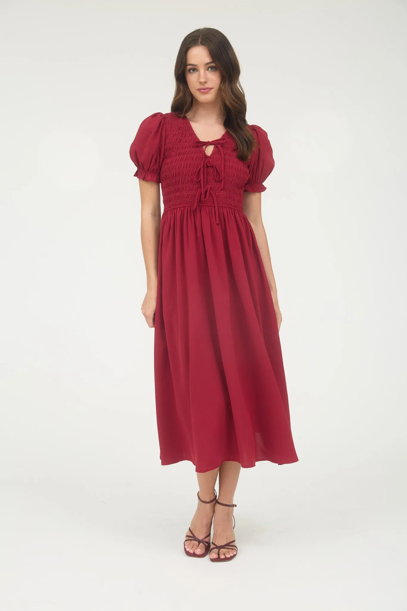 V NECK FRONT TIE SMOCKED PUFF SLEEVE MIDI DRESS sold by Blu Pepper product image thumbnail 4
