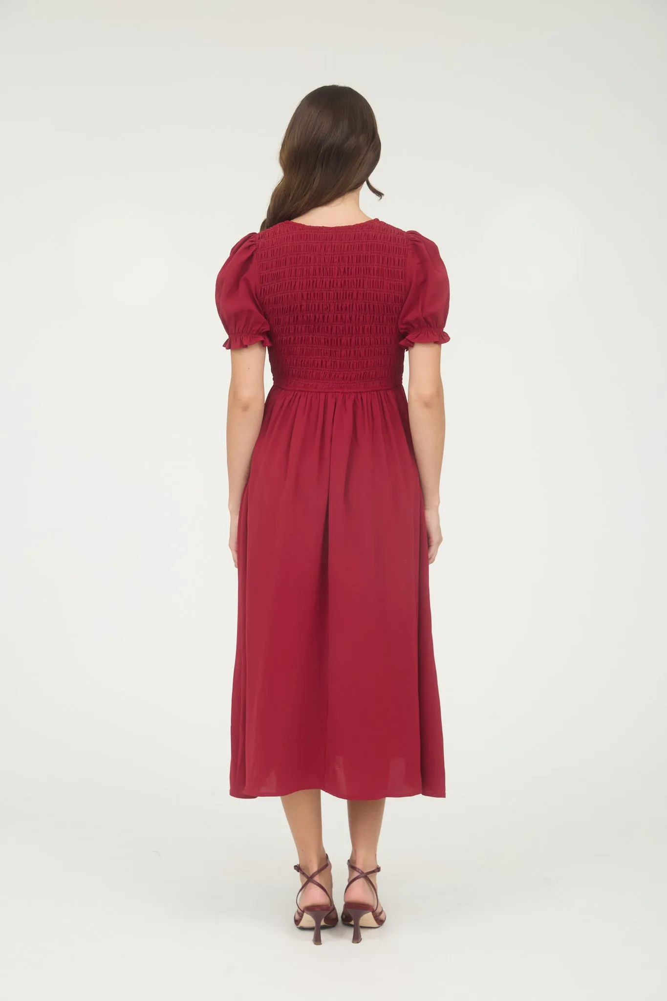 V NECK FRONT TIE SMOCKED PUFF SLEEVE MIDI DRESS sold by Blu Pepper product image thumbnail 2