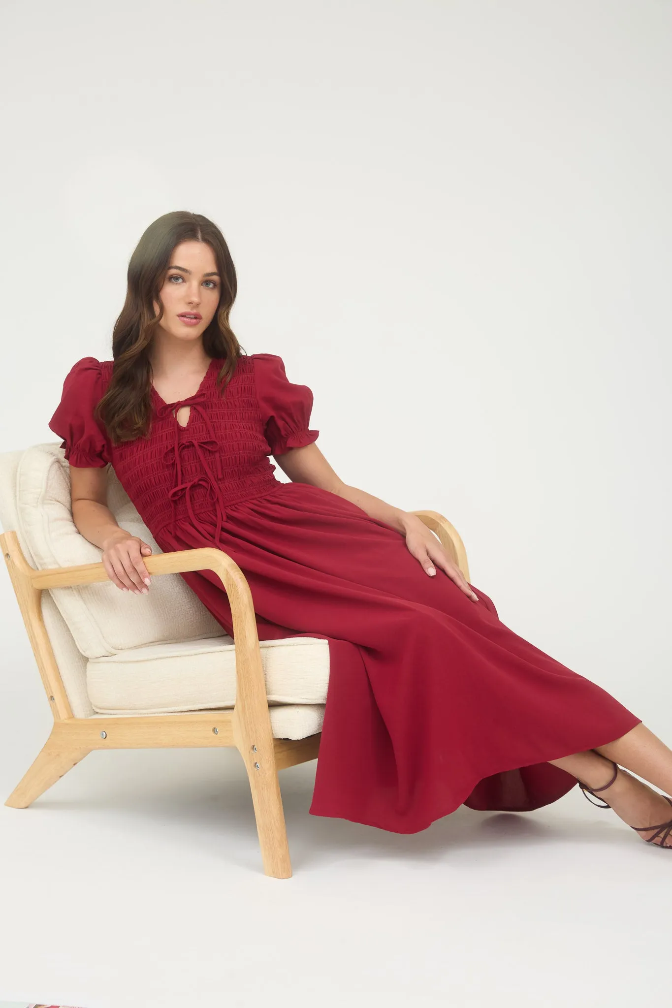 V NECK FRONT TIE SMOCKED PUFF SLEEVE MIDI DRESS sold by Blu Pepper product image thumbnail 5