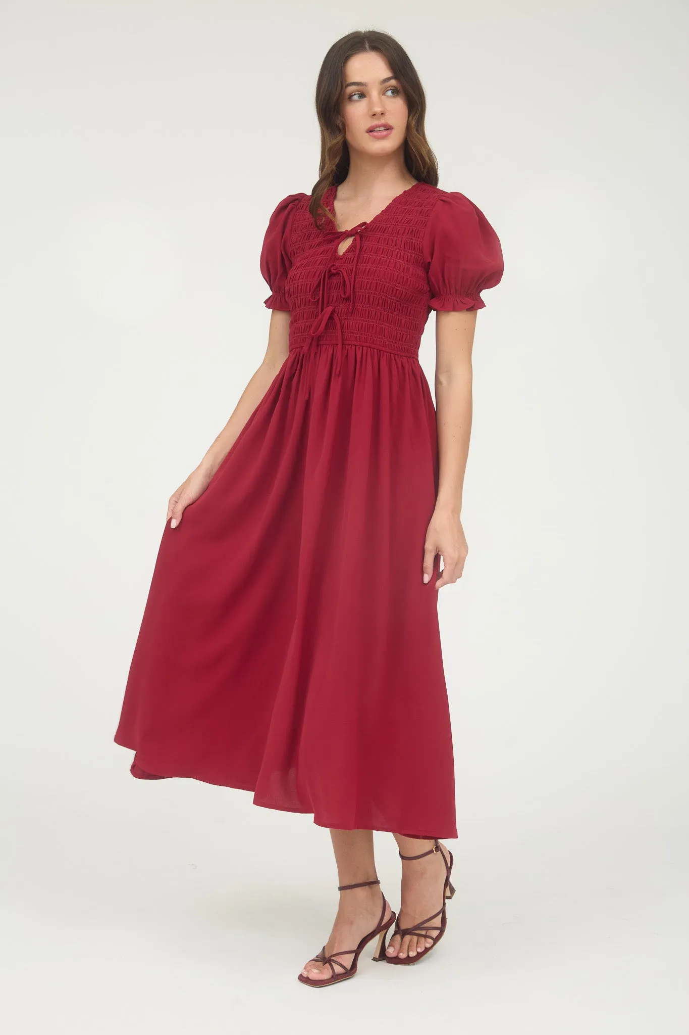 V NECK FRONT TIE SMOCKED PUFF SLEEVE MIDI DRESS sold by Blu Pepper product image thumbnail 3