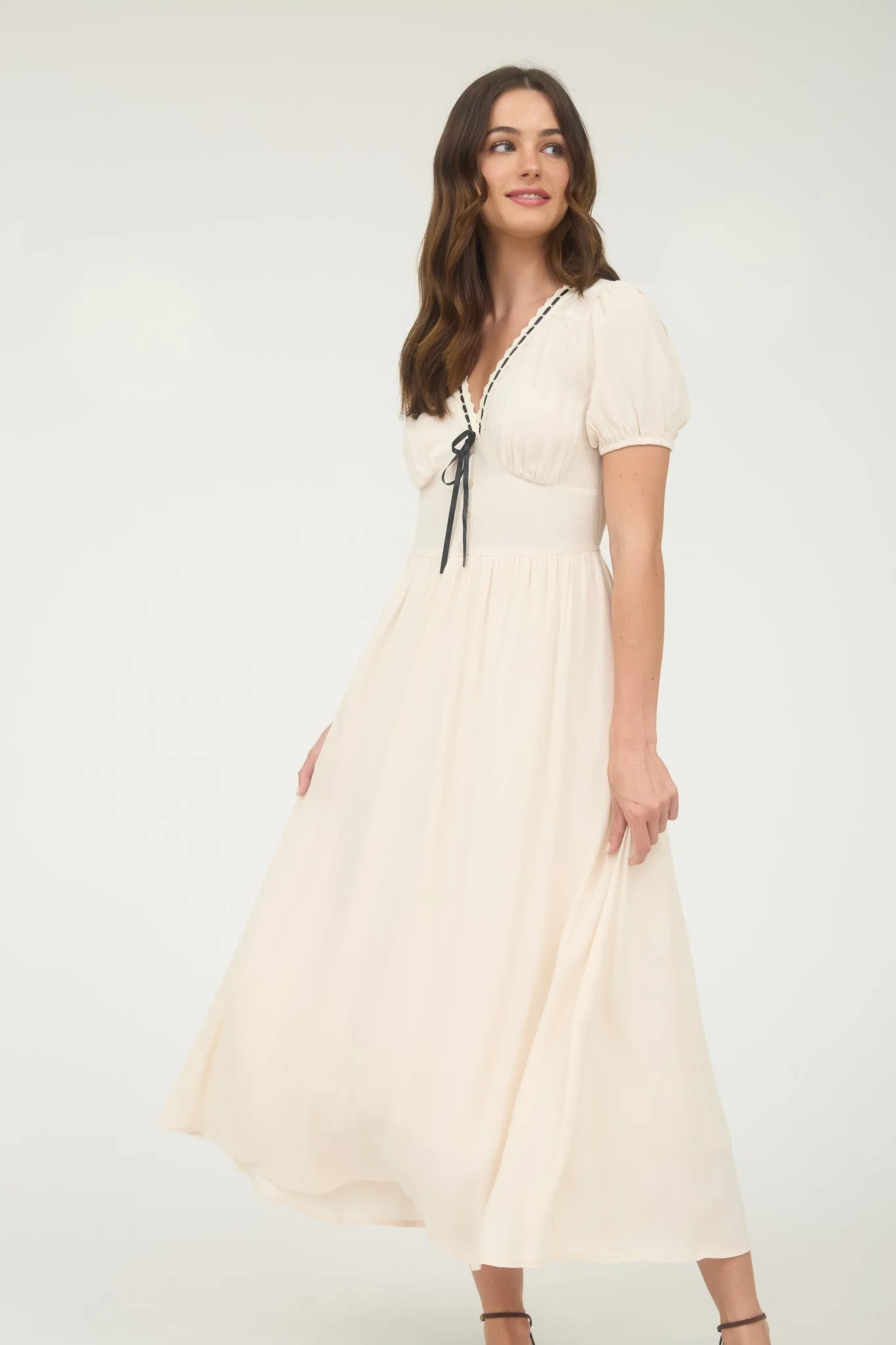 CONTRAST LACE RIBBON TRIM CORSET DETAIL MIDI DRESS sold by Blu Pepper