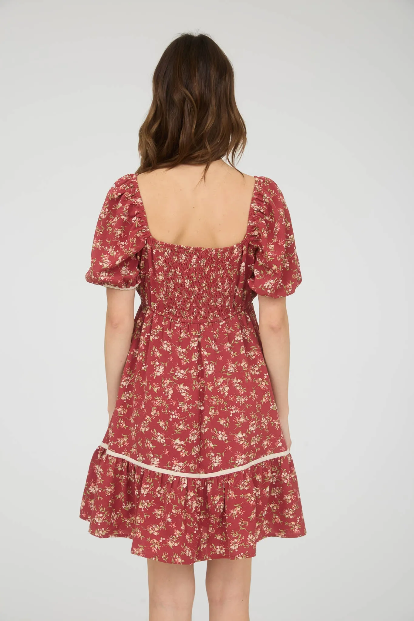 FLORAL CONTRAST TRIM DETAIL PUFF SLEEVES MINI DRESS sold by Blu Pepper product image thumbnail 2