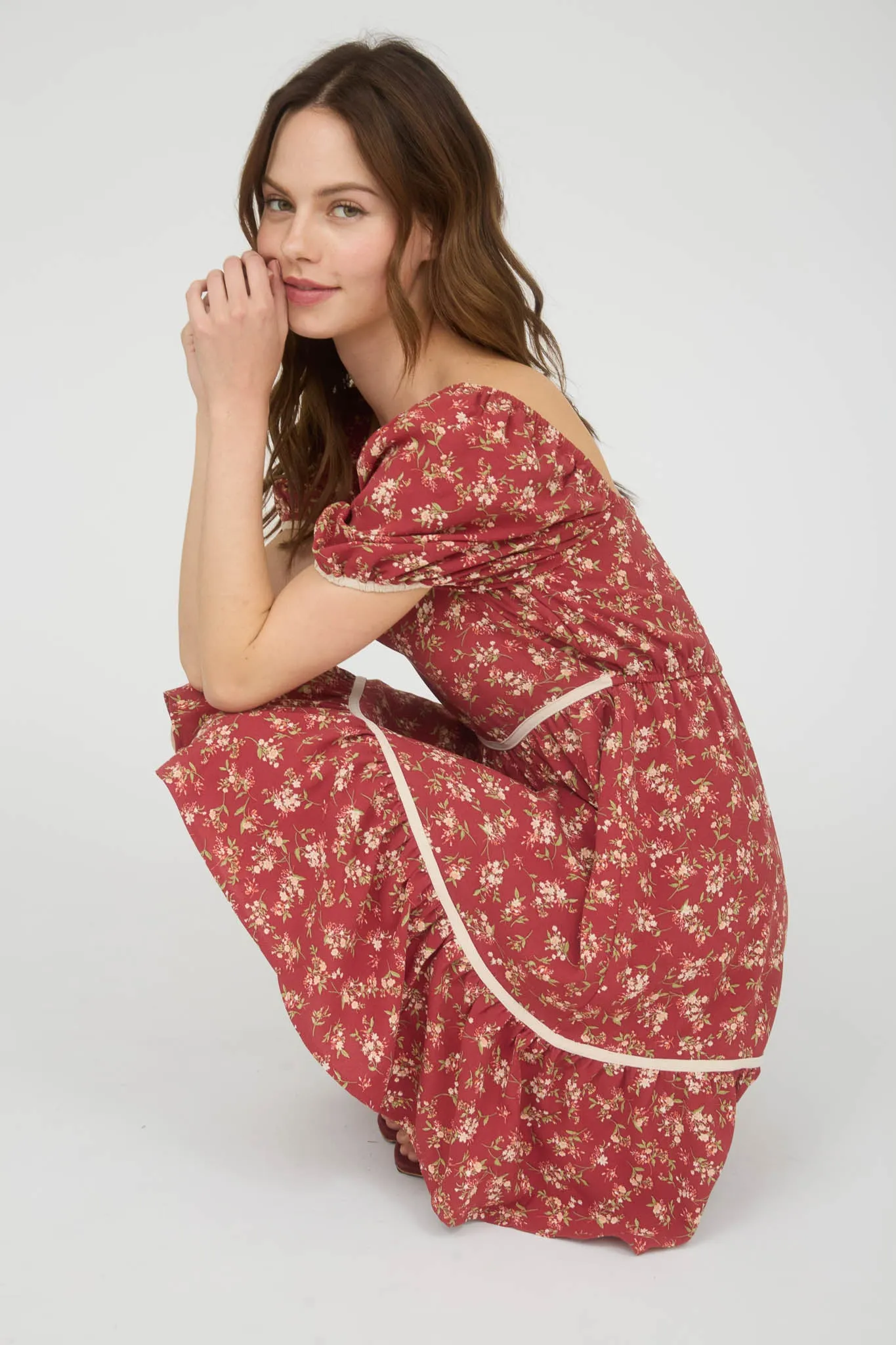 FLORAL CONTRAST TRIM DETAIL PUFF SLEEVES MINI DRESS sold by Blu Pepper product image thumbnail 5