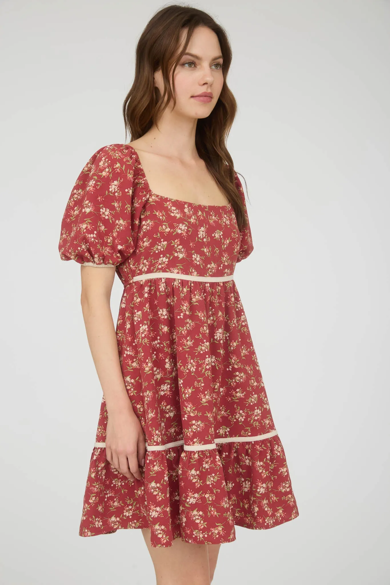 FLORAL CONTRAST TRIM DETAIL PUFF SLEEVES MINI DRESS sold by Blu Pepper product image thumbnail 3