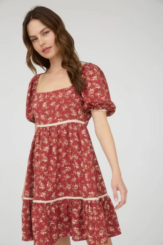 FLORAL CONTRAST TRIM DETAIL PUFF SLEEVES MINI DRESS sold by Blu Pepper