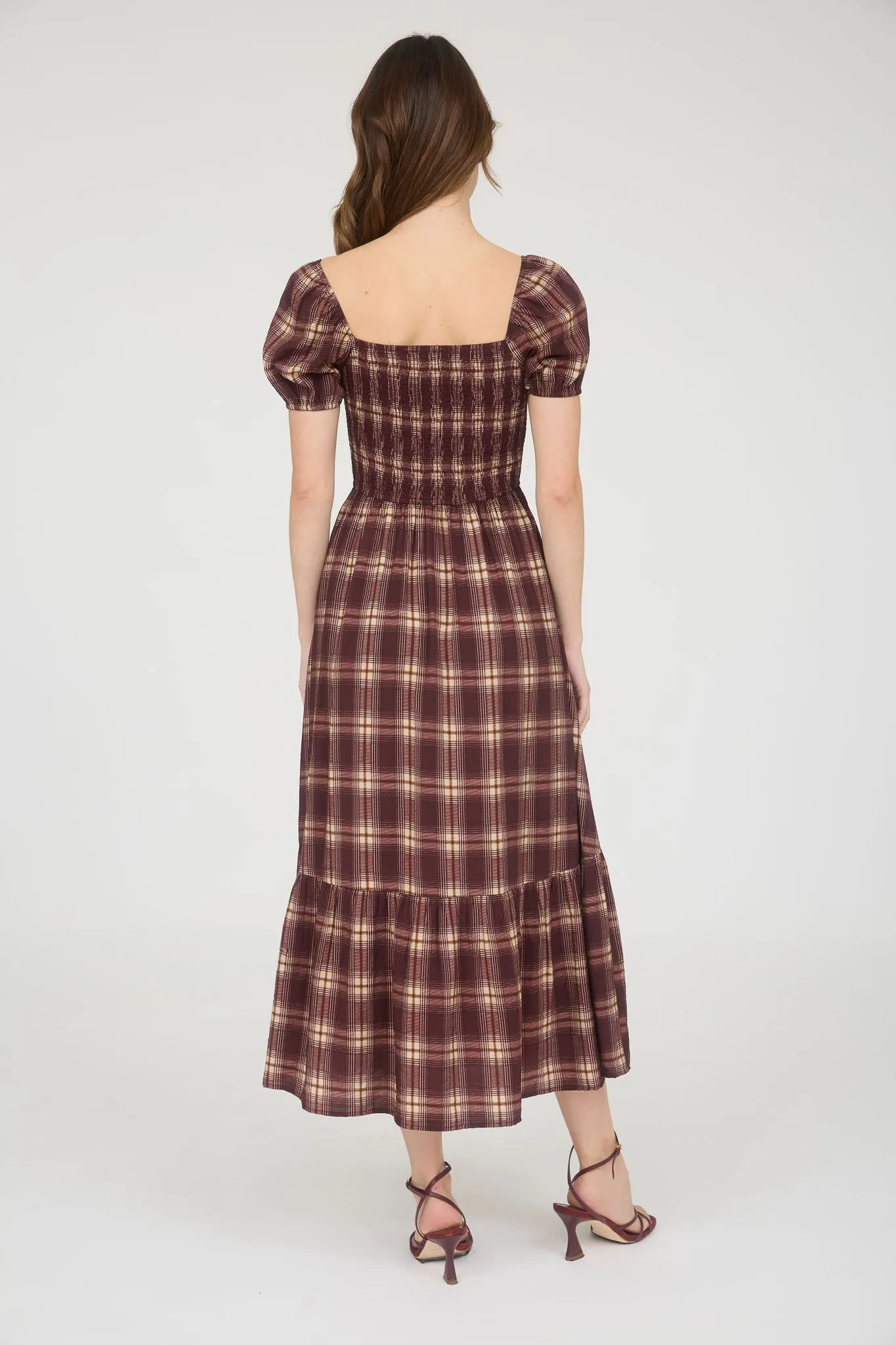 PLAID SMOCKED PUFF SLEEVE RUFFLE HEM MIDI DRESS sold by Blu Pepper product image thumbnail 3
