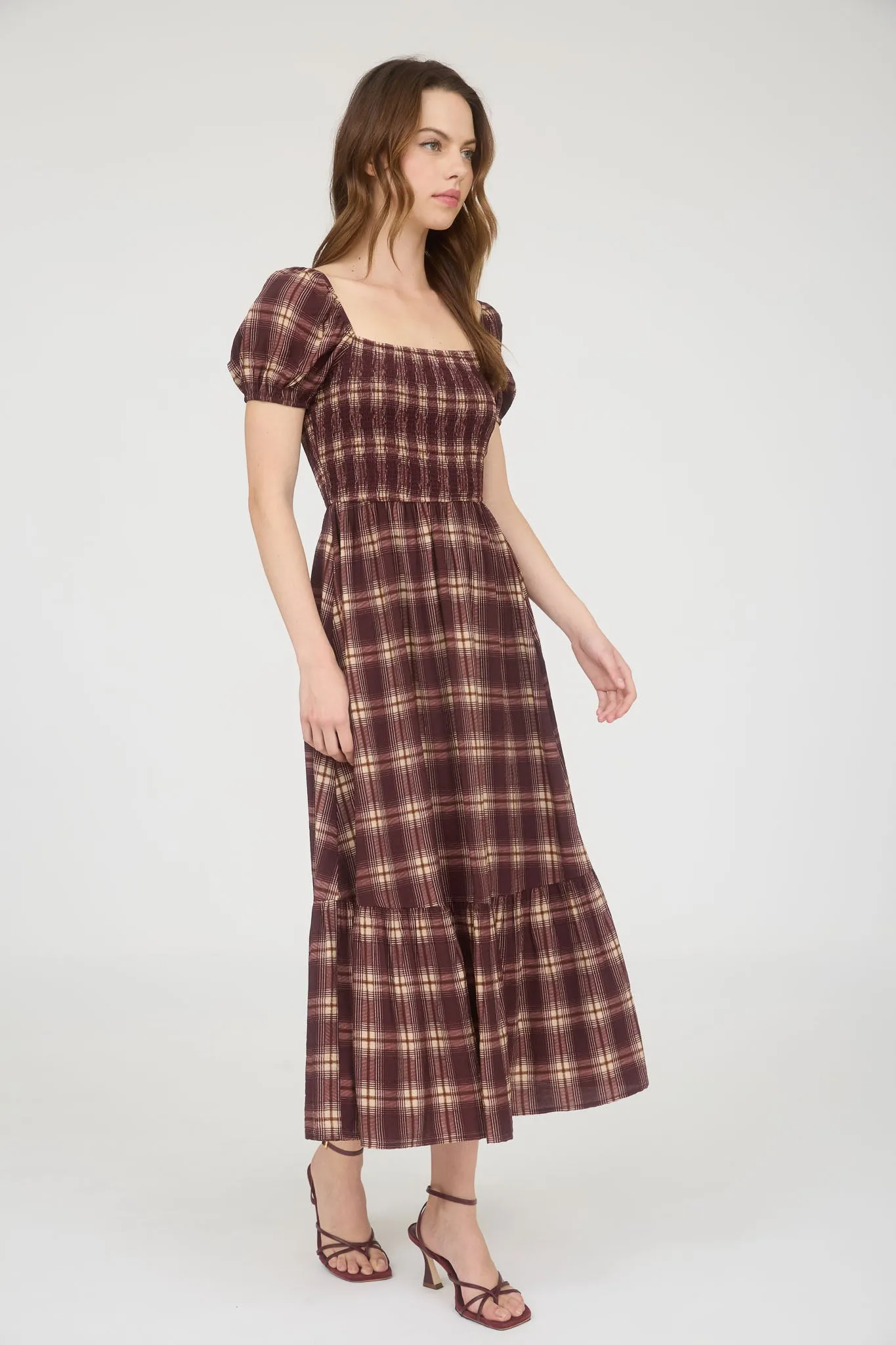 PLAID SMOCKED PUFF SLEEVE RUFFLE HEM MIDI DRESS sold by Blu Pepper product image thumbnail 4