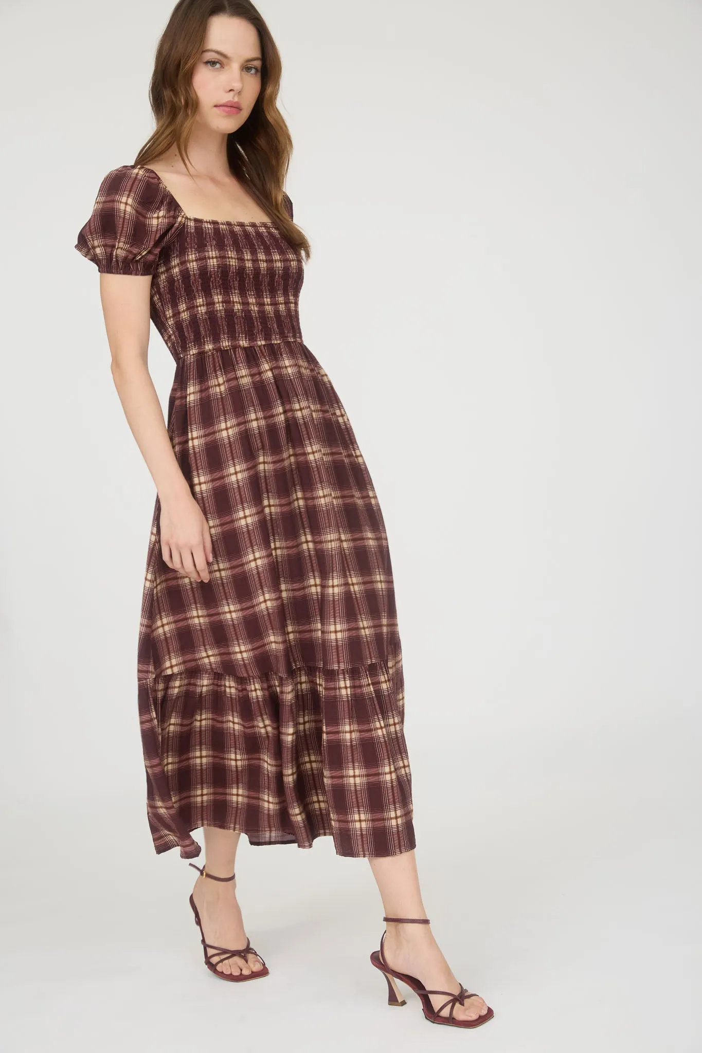 PLAID SMOCKED PUFF SLEEVE RUFFLE HEM MIDI DRESS sold by Blu Pepper product image thumbnail 5