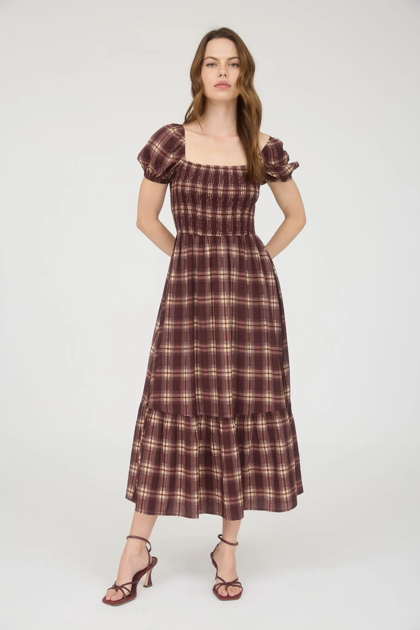 PLAID SMOCKED PUFF SLEEVE RUFFLE HEM MIDI DRESS sold by Blu Pepper product image thumbnail 2